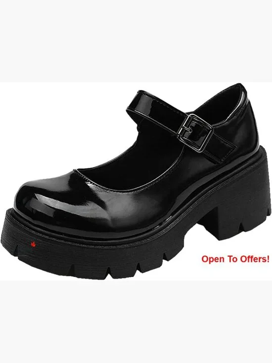 PU Leather Platform Mary Jane Heels with Elastic T-Strap - Picture 1 of 7